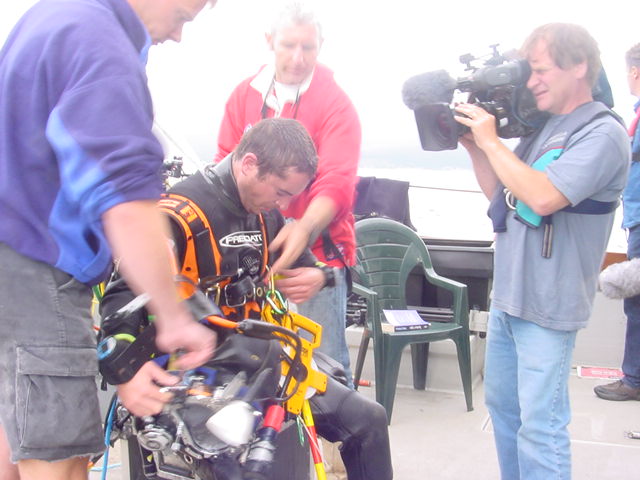 Diver on surface supply being recorded